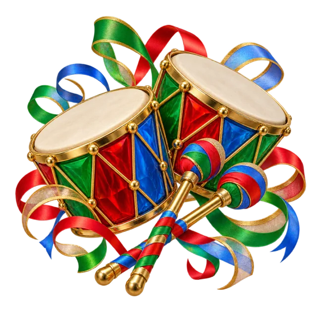 Blue, red and green drums with colorful sticks