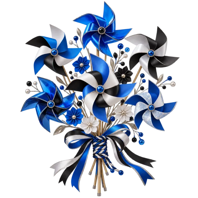 Blue, white and black pinwheel floral spray