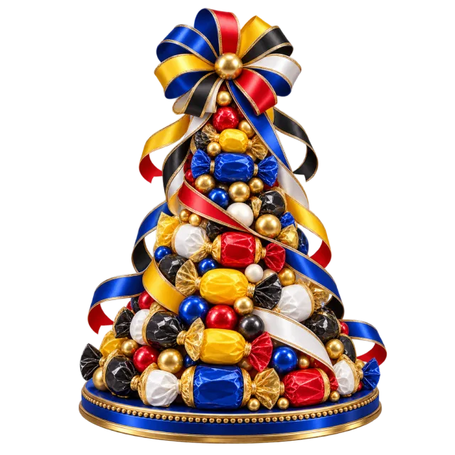 Colorful candy tower with blue, red and yellow ribbons