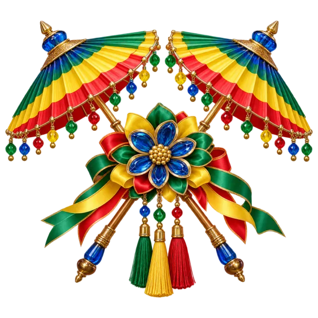 Green, yellow and red parasols with a blue flower
