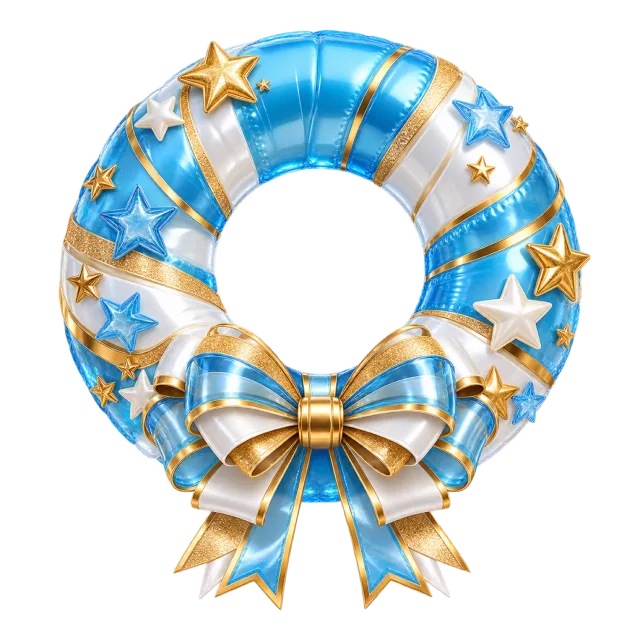 Blue balloon ring with golden stars and a pale bow