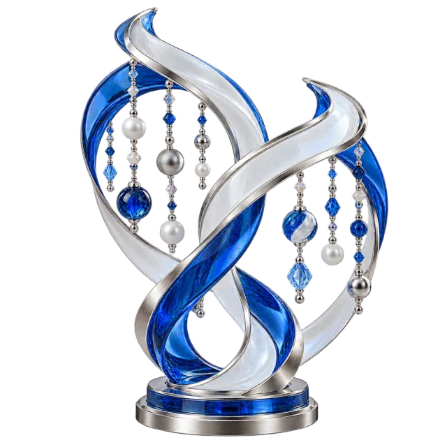 Blue and silver-colored looping ribbon sculpture