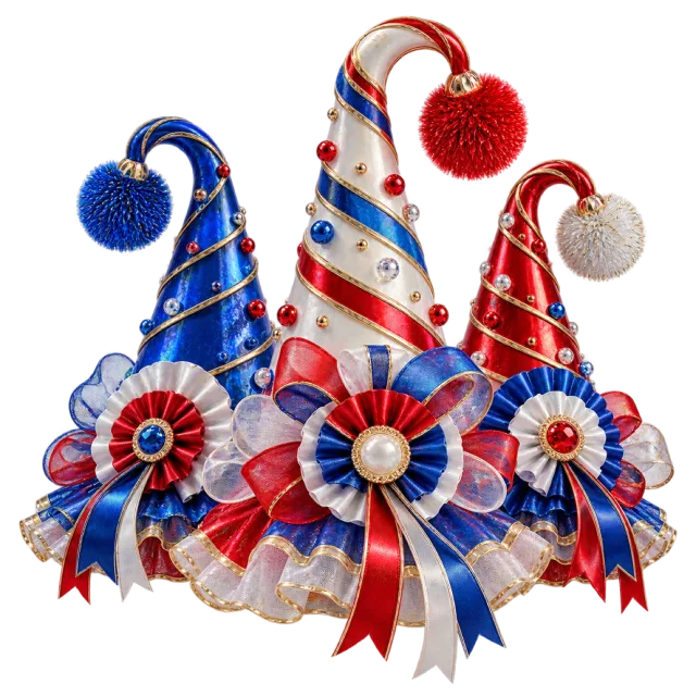 Blue, white and red pointed party hats with rosettes
