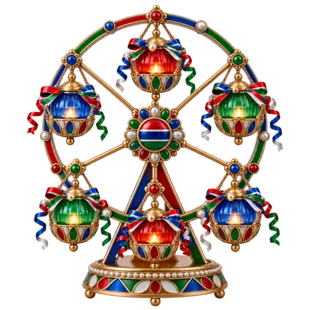 Colorful miniature festive wheel with suspended lantern baskets