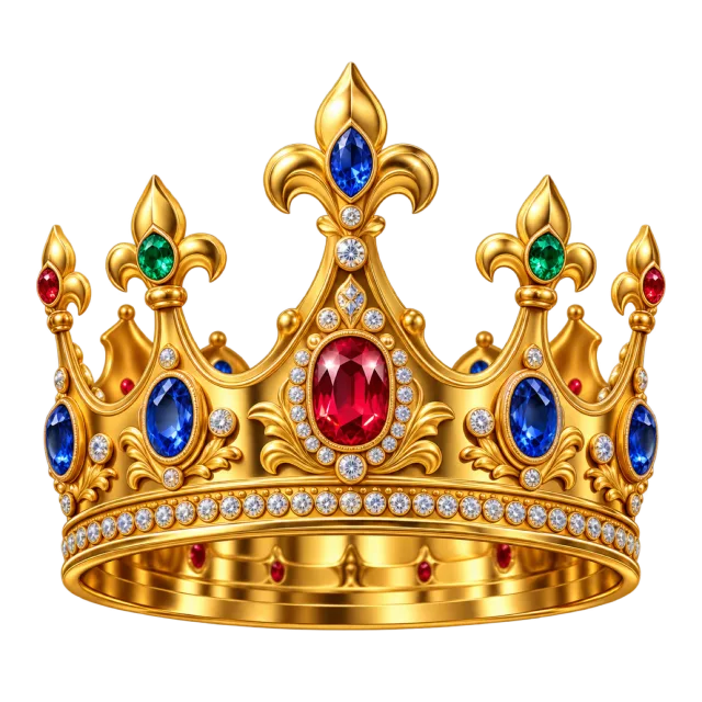 An ornate gold crown decorated with red, blue and green gems