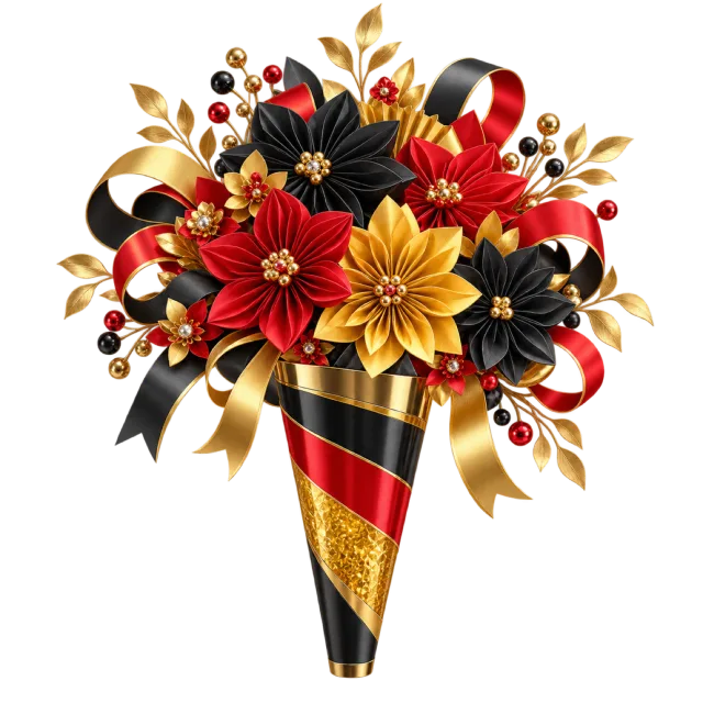 Red and yellow flowers in a black and red cone