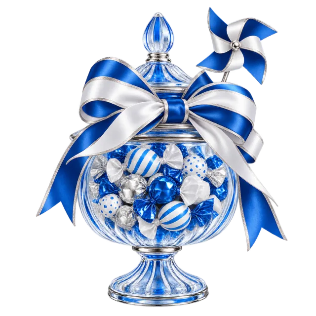 Blue and white sweets in a ribboned glass jar