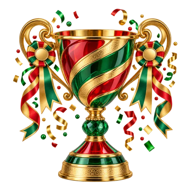 Red and green trophy cup with golden stripes