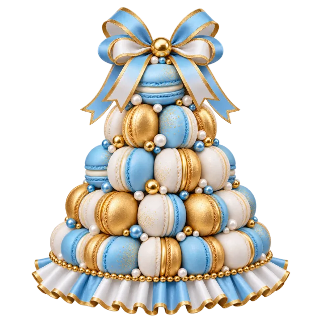 Pale blue and golden macaron pyramid