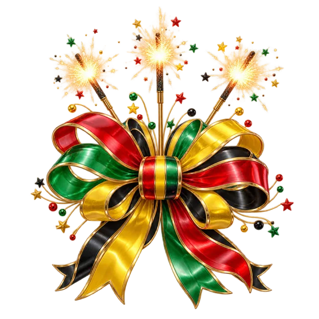 Red, yellow and green ribbon bow with sparklers