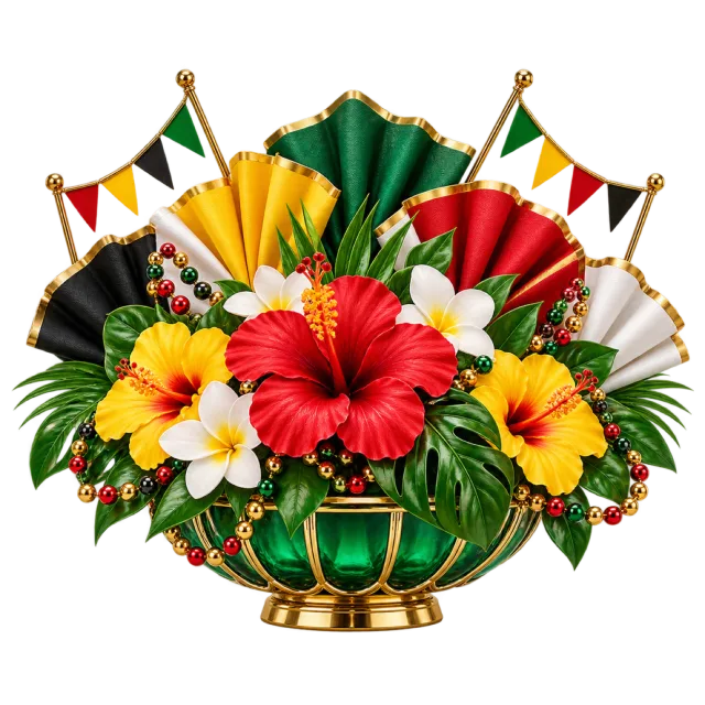 Tropical floral centerpiece with red and yellow flowers
