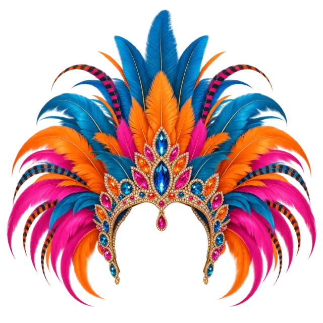 A jeweled carnival headdress with tall blue, orange and pink feathers
