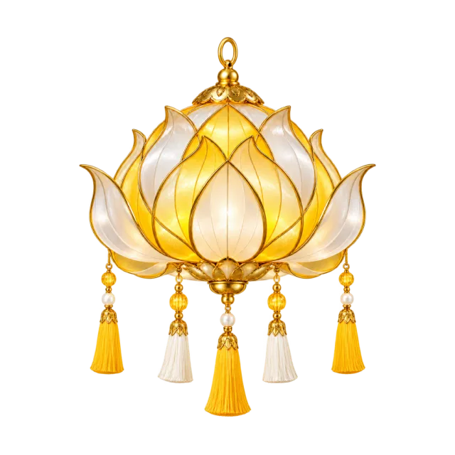 Golden petal lantern with white panels and tassels