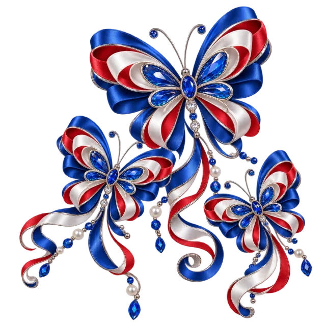Blue, white and red ribbon butterfly trio