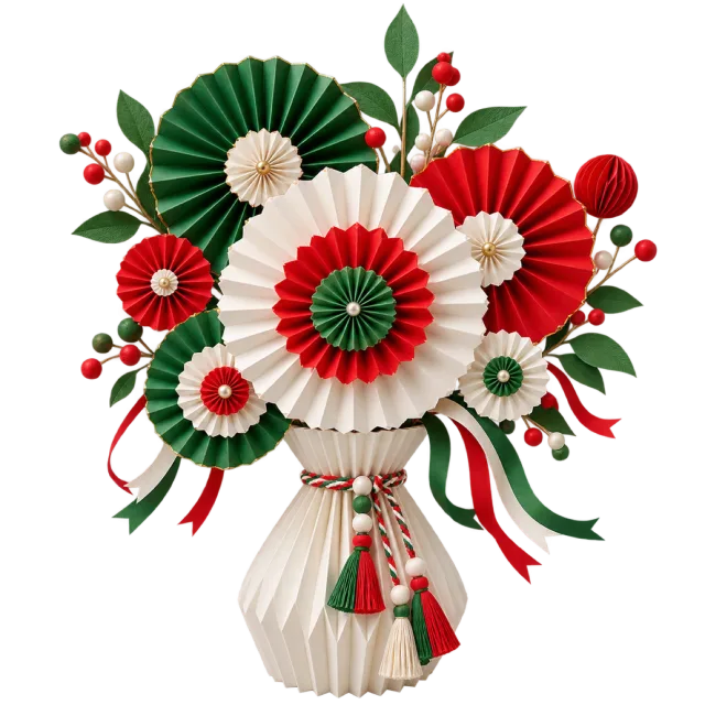 Red, white and green paper fans in a cream vase