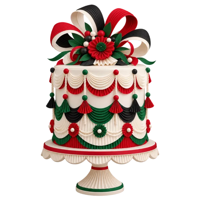 Cream cake with red, black and green decorations