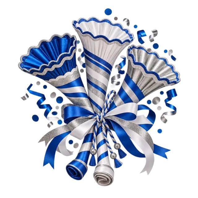 Blue and white patterned party trumpets