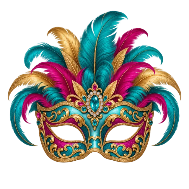 A teal masquerade mask with gold decoration and colorful feathers