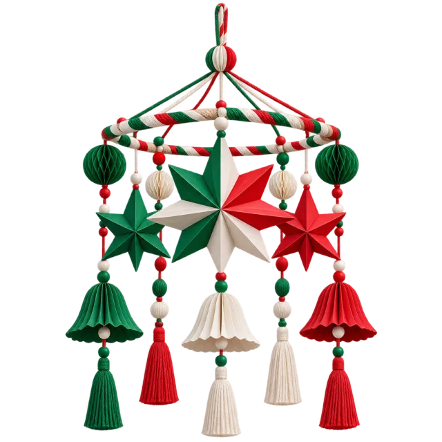 Green, white and red star mobile with bells