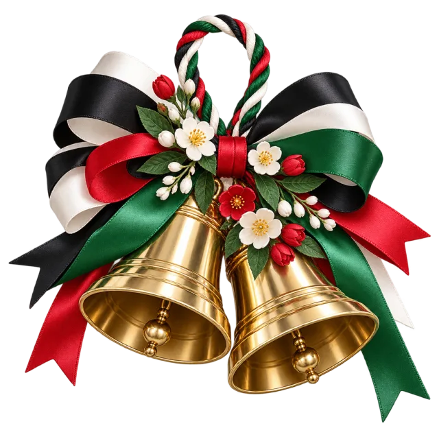 Golden handbells with red, green, black and white ribbons