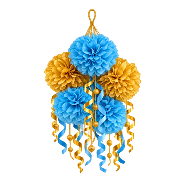 Blue and golden paper pompom cluster