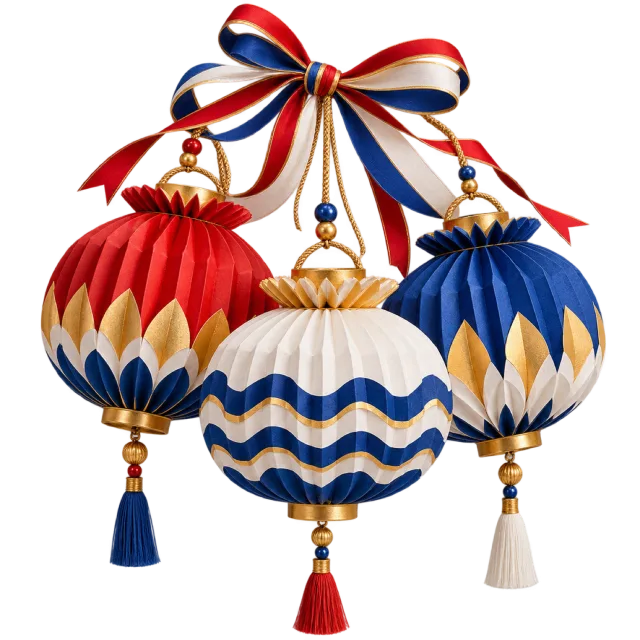 Red, blue and cream lantern trio with wave patterns