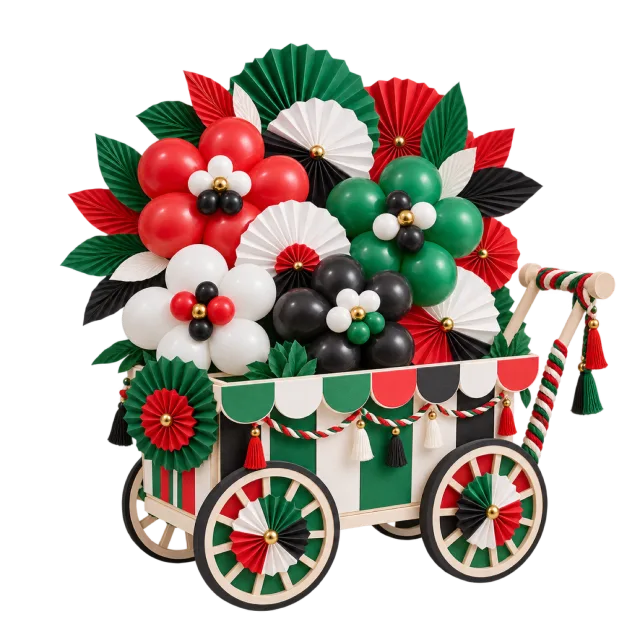 Red, green, black and white balloon flower cart