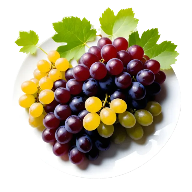 White plate filled with red, green and purple grapes and leafy garnish on a transparent background