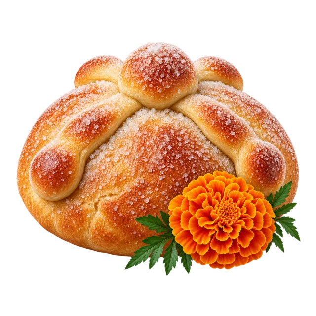 A round sugar-dusted pan de muerto loaf with raised dough decorations and an orange marigold