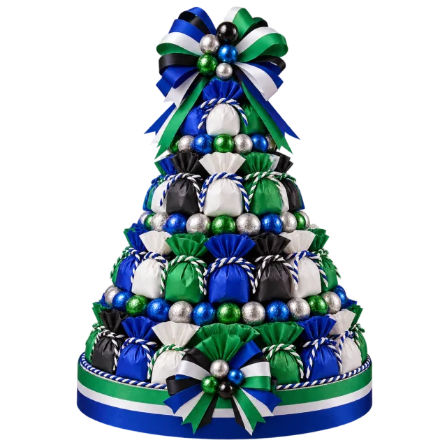 Blue, green and white candy tower