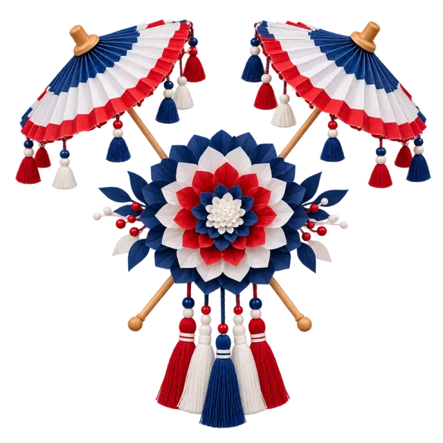Red, white and blue parasols with a central rosette