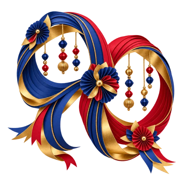 Blue, red and gold looping ribbon sculpture