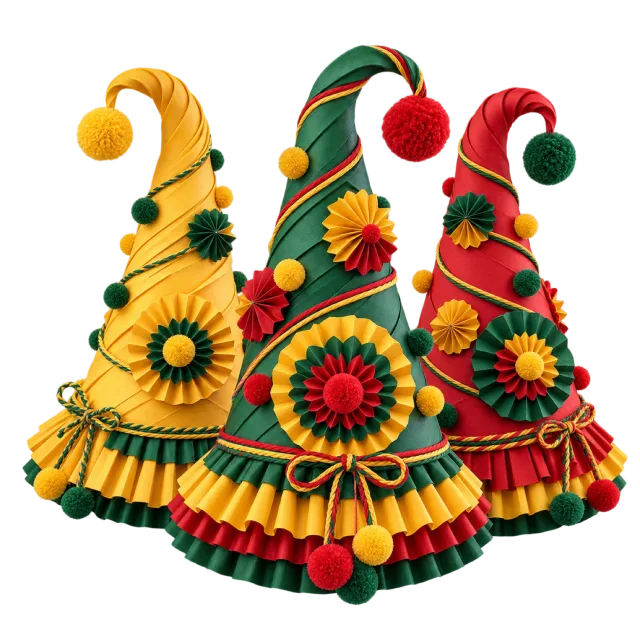 Yellow, green and red curled party hats