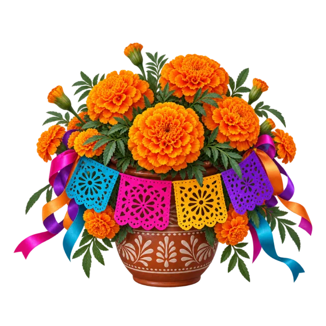 Orange marigolds in a decorated pot with colorful paper banners and ribbons