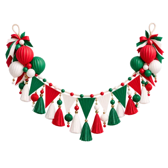 Red, green and white bunting with tassels