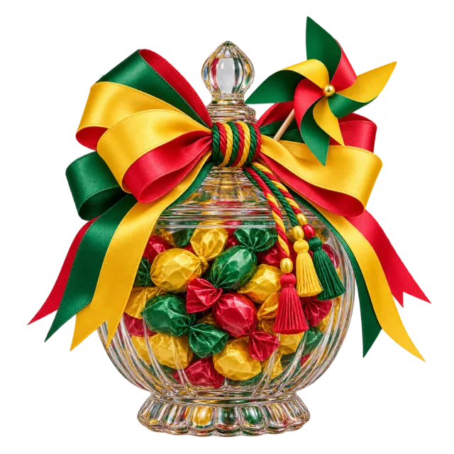 Colorful wrapped sweets in a glass jar with broad ribbons