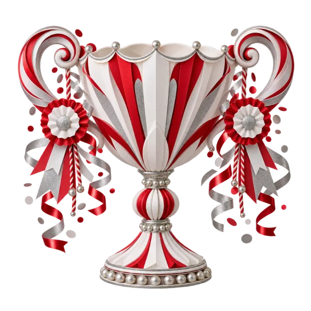 Silver-colored and red trophy cup with rosettes