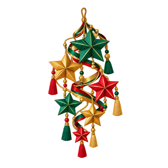 Green and gold hanging star garland with red accents