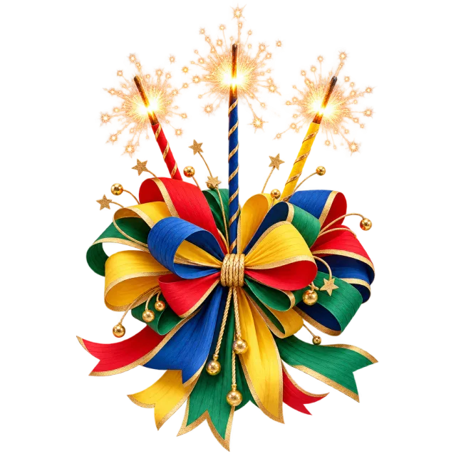 Blue, red, green and yellow bow with sparklers