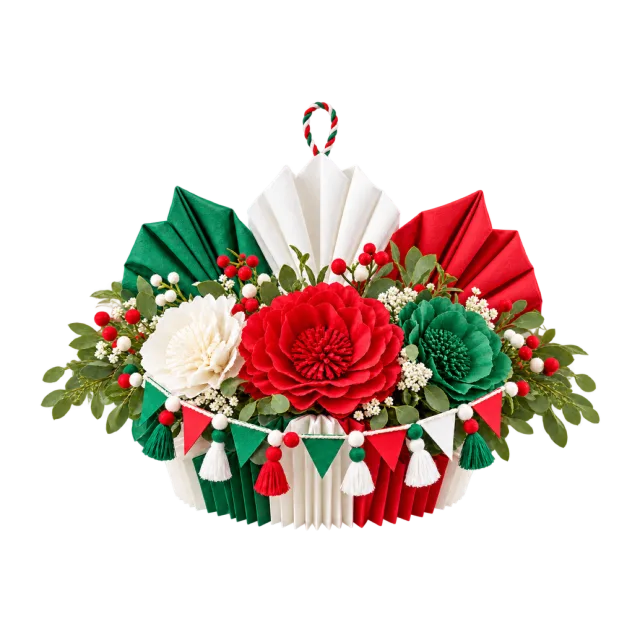 Red and white rose centerpiece with green paper fans