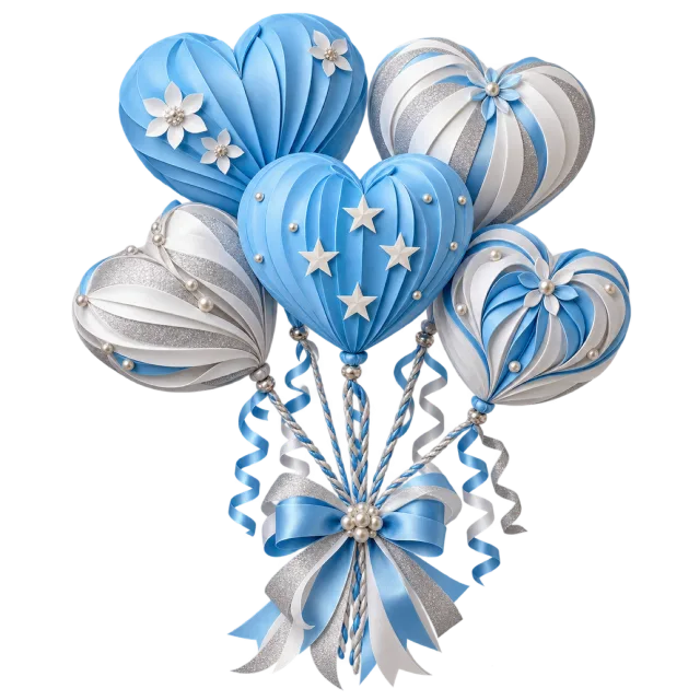 Pale blue and silver-colored heart balloon bouquet