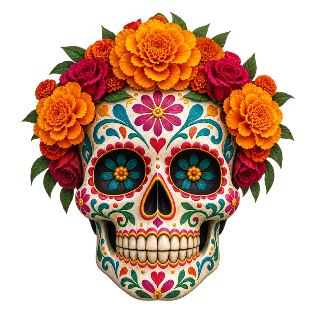 A decorated white skull with colorful floral patterns and a marigold crown