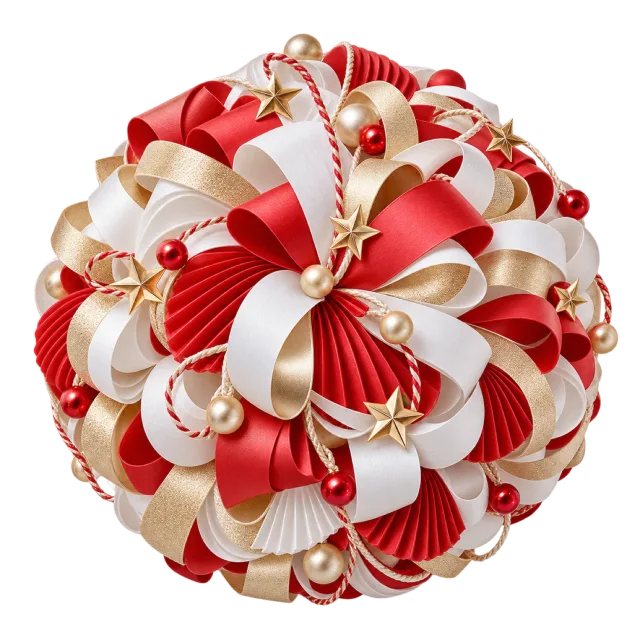 Red and white curled ribbon orb with golden stars