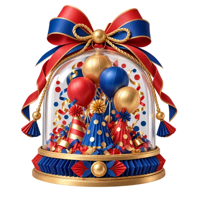 Blue, red and golden balloon display beneath a dome