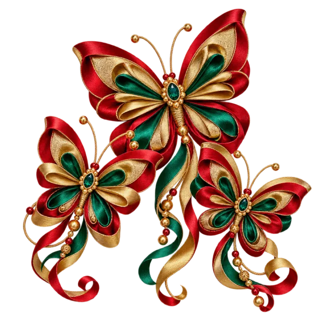 Red and green ribbon butterflies with golden edges