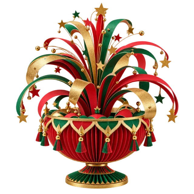 Red and green ribbon fountain in an ornamental bowl