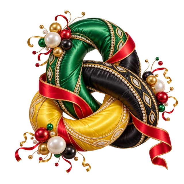 Green, yellow, black and red balloon knot