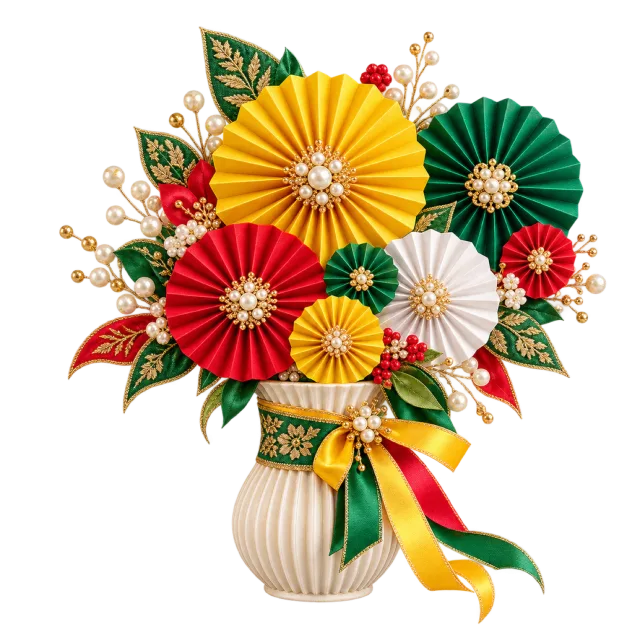 Yellow, green, red and white folded fan bouquet