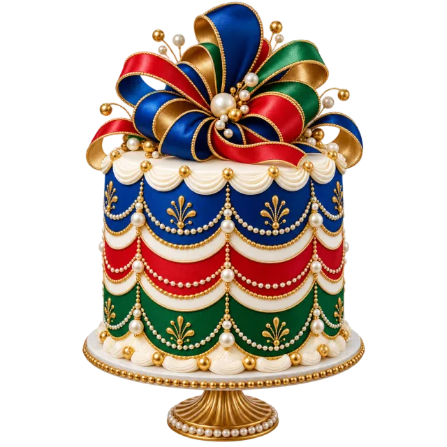 Cream cake with red, blue and green icing swags