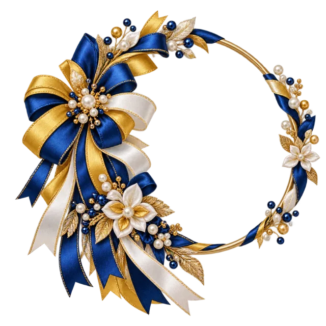 Blue and golden ribbon hoop with white flowers